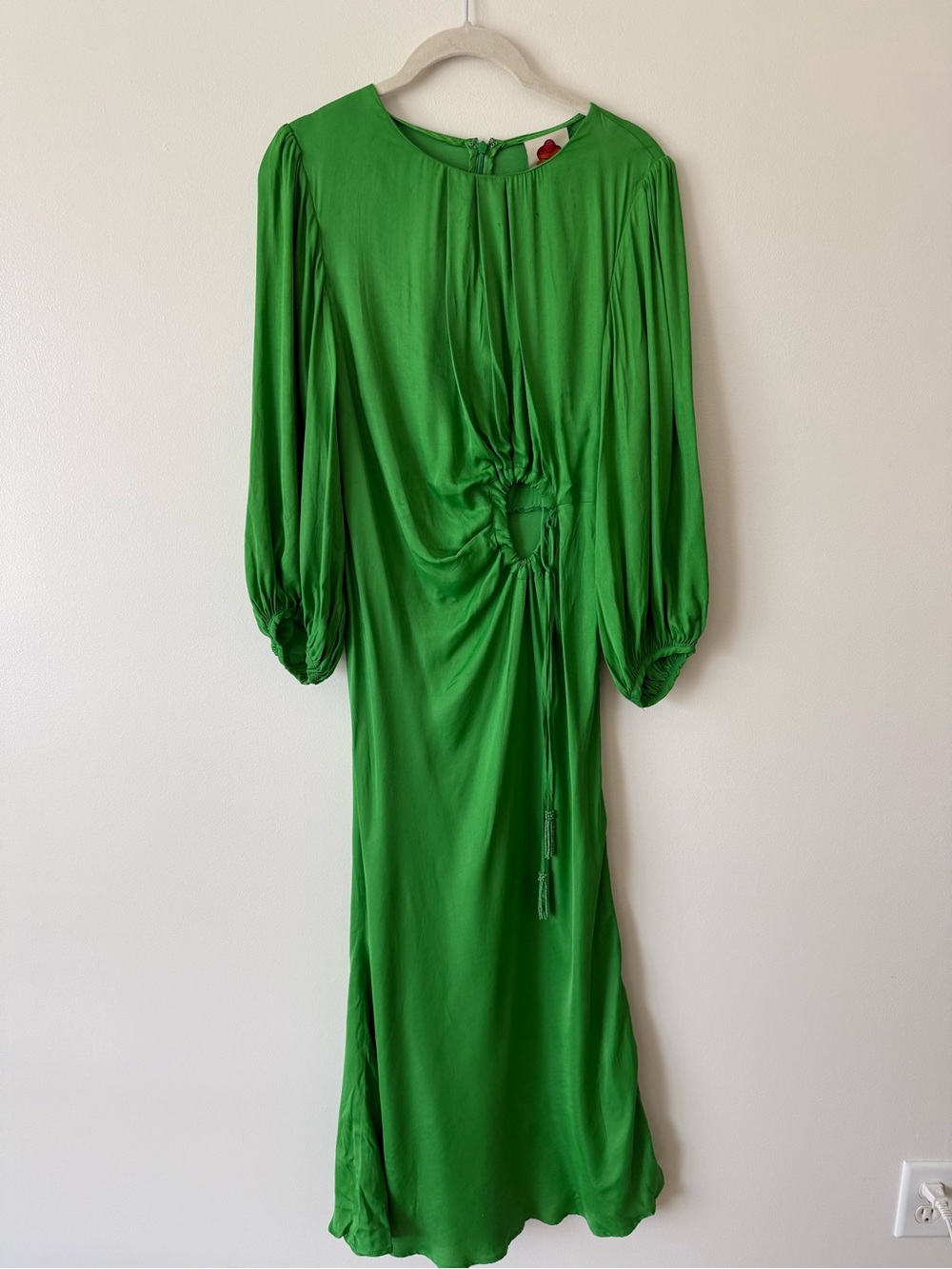 FARM Rio Emerald Green Long Sleeve Midi Dress with Front Cinch